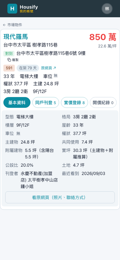 開價、坪數、格局、屋齡,這一筆的完整資料